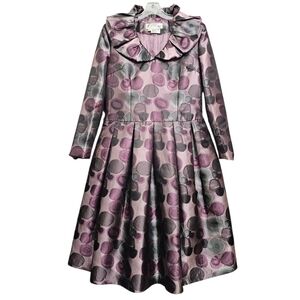 DCC Collection Purple Abatract Matte Satin Ruffle Collar Longsleeve Midi Dress